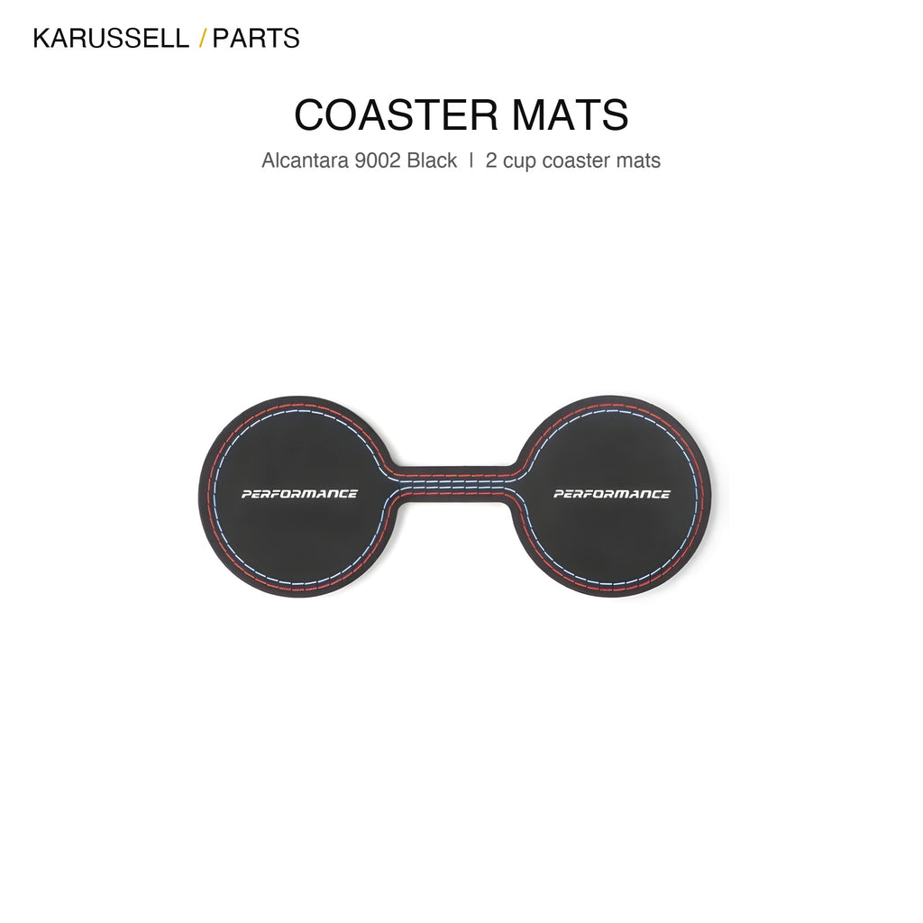 Microsuede cupholder coaster mats, 2 cup mats, black with blue and red stitching, BMW G20 G28 G23 G42