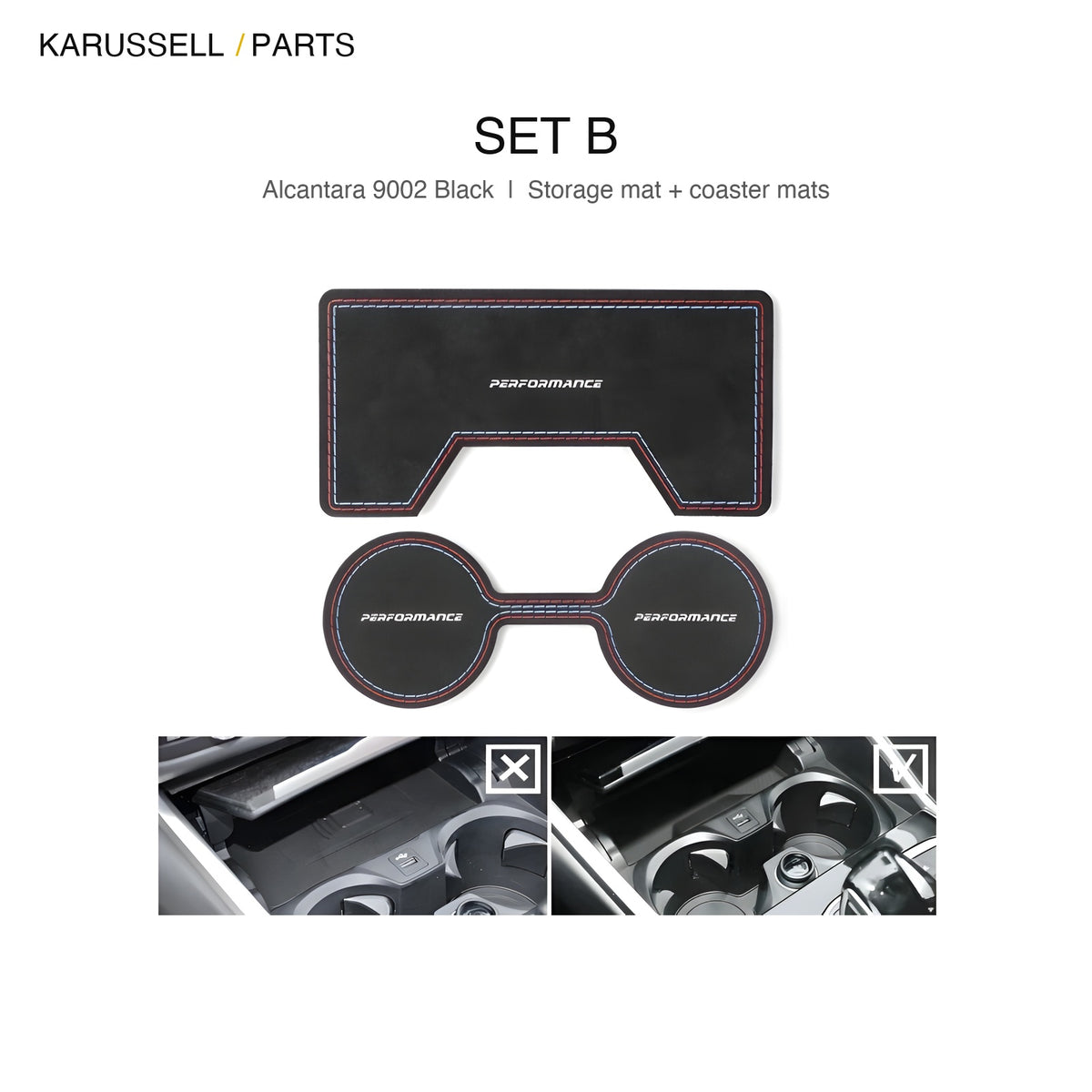 Microsuede cupholder set B, notched storage mat plus 2 cup coaster mats, black, BMW G20 G28 G23 G42