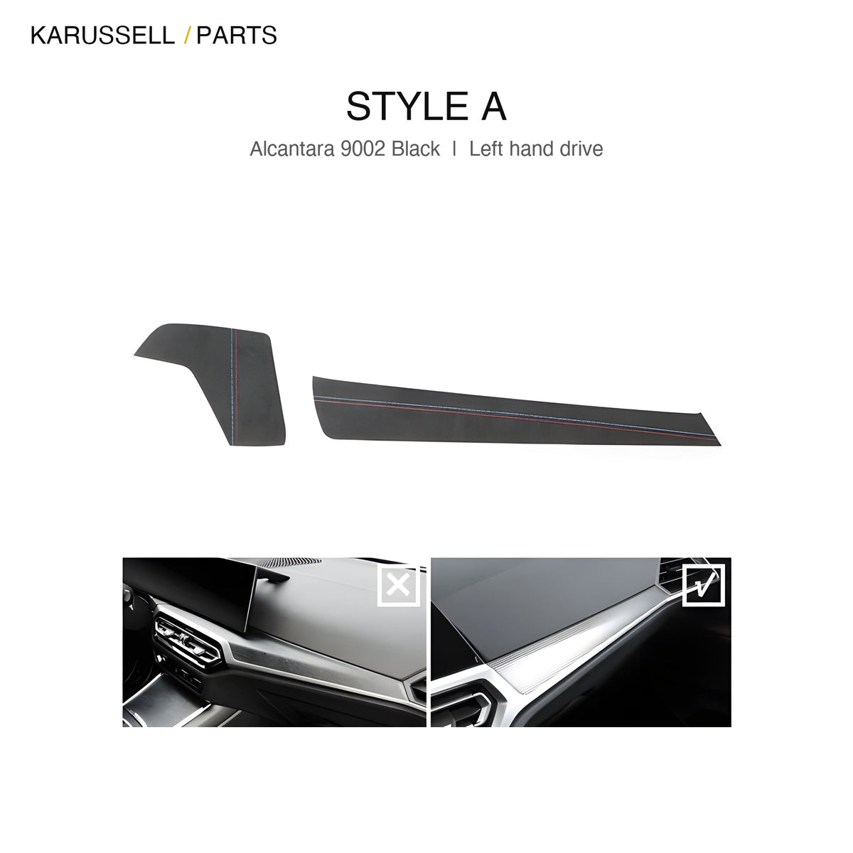 Microsuede dashboard trim Style A, single piece dash strip, black, BMW G20 G28 G22 G23 G26 G42 left hand drive