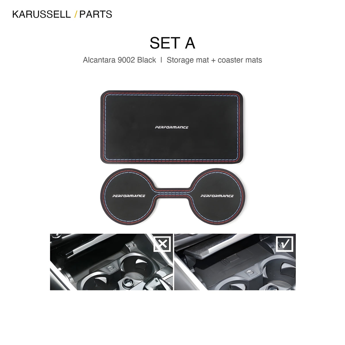 Microsuede cupholder set A, storage mat plus 2 cup coaster mats, black, BMW G20 G28 G23 G42